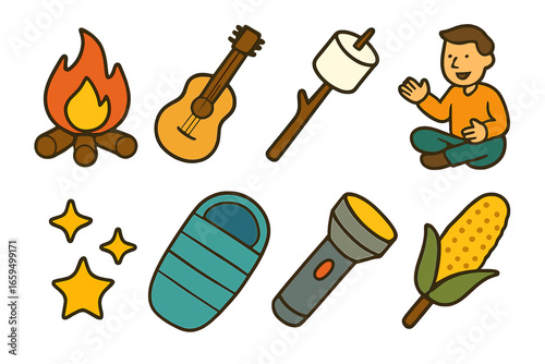Campfire Icons Collection. Flat vector mini-illustrations Campfire stories and fun in colors children's