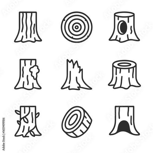 Tree Trunk Icons. Outline icon set of tree trunks: bark texture, tree rings, hollow trunk, moss on trunk, broken trunk, tree stump