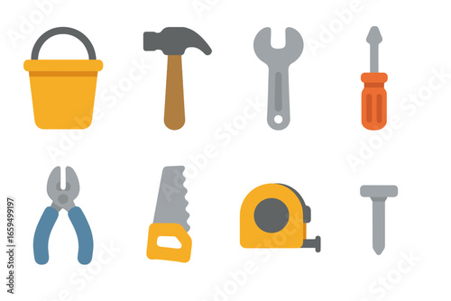 Kids' Cleaning and Tool Icons. Flat vector mini-illustrations Mop bucket and cleaning tools in colors children's illustrations: