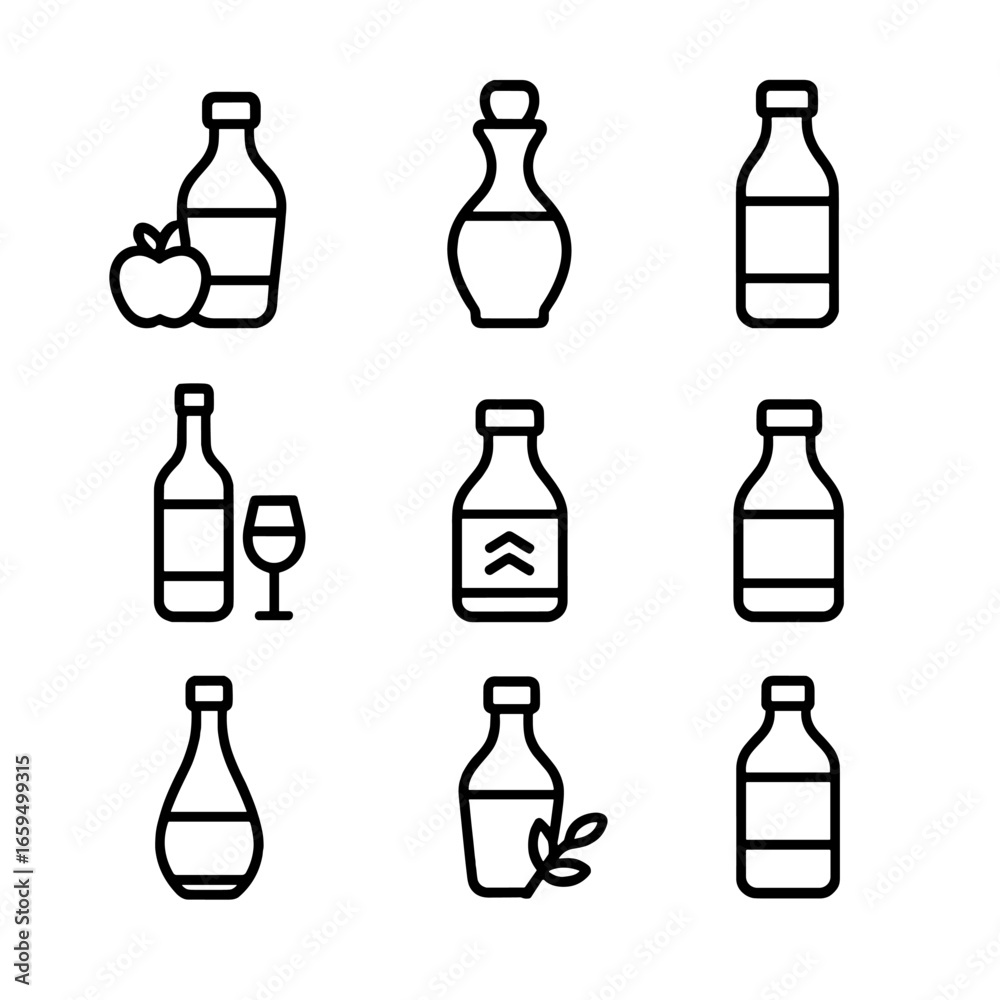 Fototapeta premium Vinegar Icons Collection. Outline icon set of vinegar types: apple cider vinegar, balsamic vinegar, white vinegar, red wine