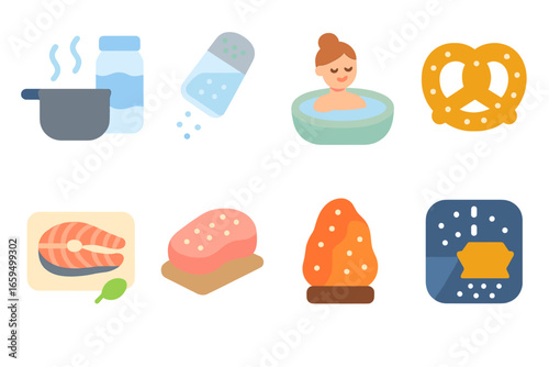 Everyday Salt Uses. Flat vector mini-illustrations salt uses in daily life in colors children's illustrations: cooking salt, salt
