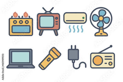 Everyday Energy Icons. Flat vector mini-illustrations energy in everyday life in colors children's illustrations: cooking stove,