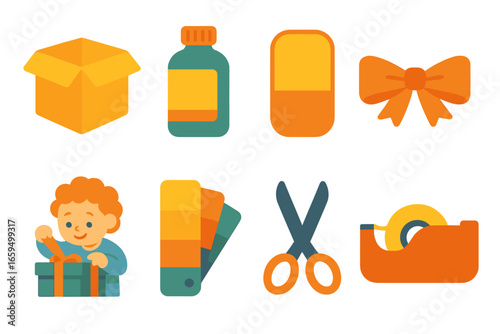 Kids' Packaging Design. Flat vector mini-illustrations packaging design mockups in colors children's illustrations: box template,