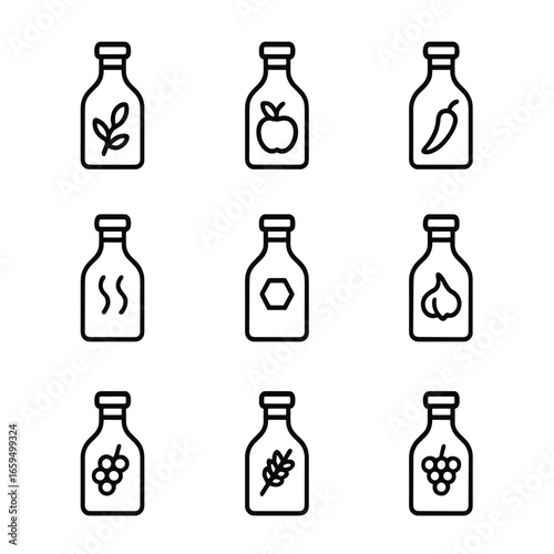 Vinegar Icon Collection. Outline icon set of vinegar flavored varieties: herb infused, fruit infused, spicy, smoked, honey vinegar