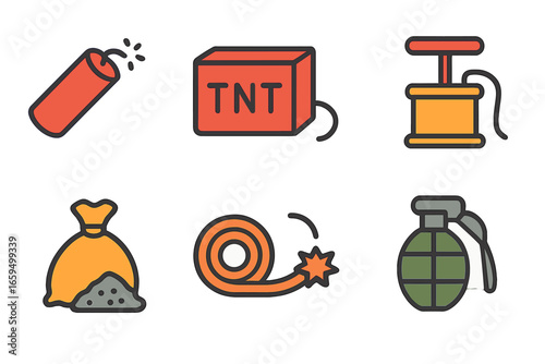 Explosives Icons Grid. Flat vector mini-illustrations explosive materials in colors children's illustrations: dynamite stick, TNT