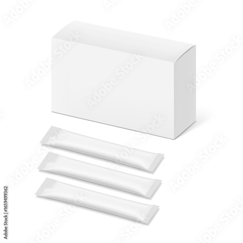 Blank package stick mockup with paperboard box mockup. Flat lay view. Vector illustration isolated on white background. Can be use for food, cosmetic, medicine and etc. EPS10.