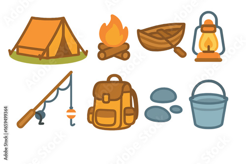 Camping Adventure Icons. Flat vector mini-illustrations camping near riverbanks in colors children's