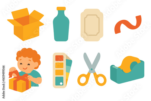 Kids' Packaging Design. Flat vector mini-illustrations packaging design mockups in colors children's illustrations: box template,