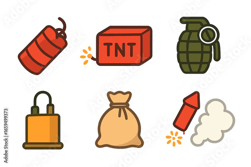 Explosives Icons Grid. Flat vector mini-illustrations explosive materials in colors children's illustrations: dynamite stick, TNT