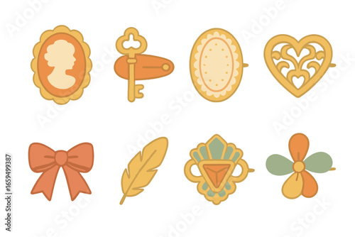Vintage Brooch Collection. Flat vector mini-illustrations vintage brooches in colors children's illustrations: cameo brooch,