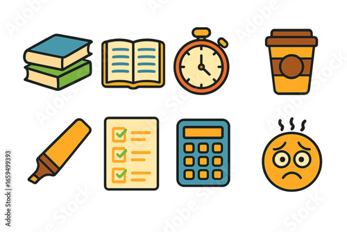 Exam Prep Essentials. Flat vector mini-illustrations exam preparation in colors children's illustrations: textbooks, notes, timer,