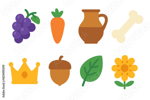 Fable Icon Grid. Flat vector mini-illustrations fable props in colors children's illustrations: grapes, carrot, pitcher, bone,