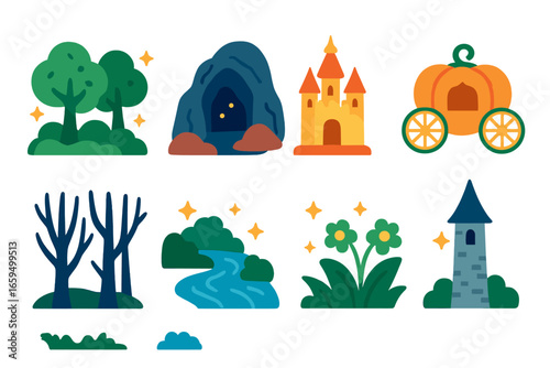 Fairy Tale Icons. Flat vector mini-illustrations fairy tale settings in colors children's illustrations: enchanted forest,