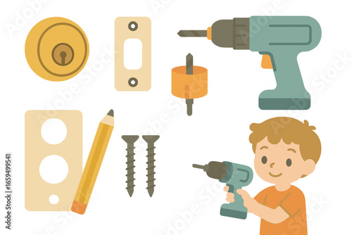 Lock Installation Icons. Flat vector mini-illustrations installing a deadbolt lock in colors children's illustrations: deadbolt