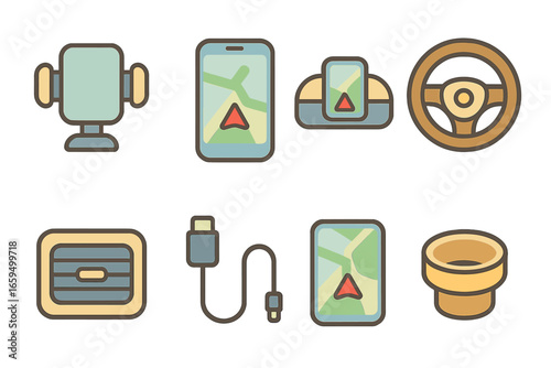 Car Dashboard Icons. Flat vector mini-illustrations Dash-mounted smartphone holder in colors children's