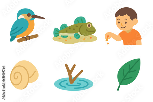 Mangrove Wildlife Icons. Flat vector mini-illustrations mangrove wildlife interactions in colors children's illustrations: