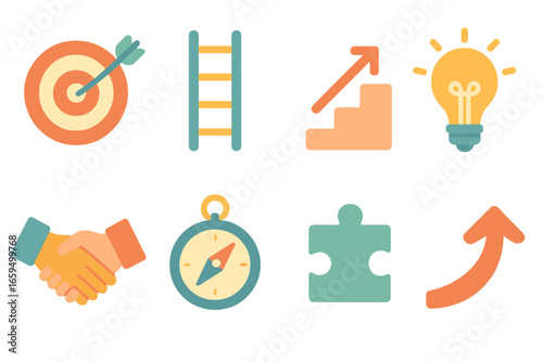 Career Goal Icons. Flat vector mini-illustrations Goal setting for career progress in colors children's
