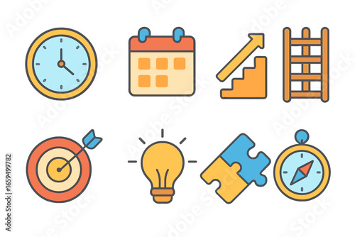 Career Icons for Children. Flat vector mini-illustrations Time management in career development in colors