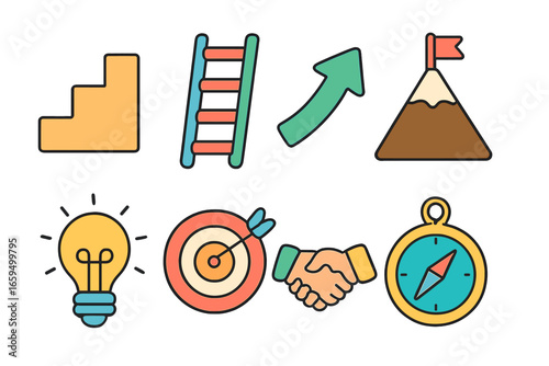 Career Growth Icons Grid. Flat vector mini-illustrations Career growth roadmap in colors children's