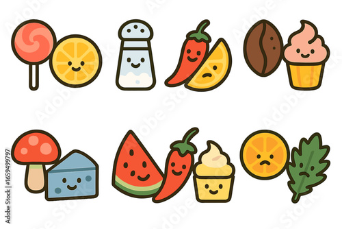 Flavor Pairing Icons. Flat vector mini-illustrations taste combinations in colors children's illustrations: sweet and sour, salty