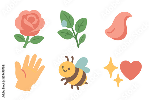 May Rose Illustrations. Flat vector mini-illustrations close up of May rose bloom in colors children's illustrations: single rose