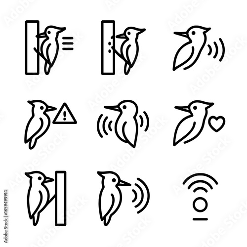 Woodpecker Sounds Icons. Outline icon set of woodpecker calls and sounds: drumming, pecking, vocal call, alarm, territorial call,
