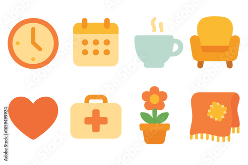 Caregivers' Cozy Breaks. Flat vector mini-illustrations short breaks for caregivers in colors children's