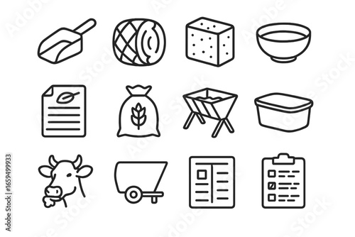Cattle Feeding Icons. Outline vector icons of cattle nutrition and feeding: feed scoop, silage bale, mineral