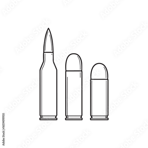 Bullet and cartridge outline icon set, different types of ammo, vector line art illustration.