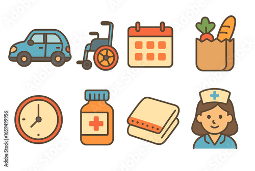 Caregiver Support Icons. Flat vector mini-illustrations transportation help for caregivers in colors