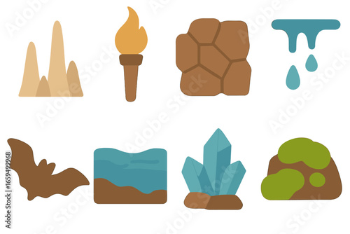 Cave Biome Icons. Flat vector mini-illustrations Underground cave biome in colors children's illustrations: