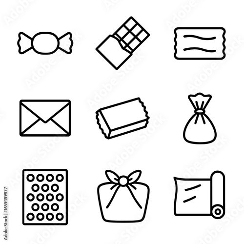 Wrapper Icon Set. Outline icon set of wrapper types: candy wrapper, chocolate wrapper, plastic wrap, paper wrapper, aluminum foil