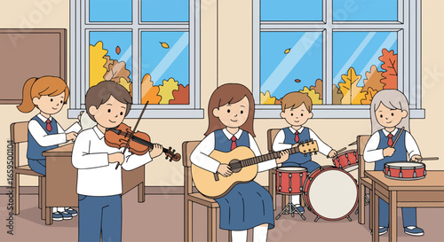Adobe illustrator artwork vector illustration. A group of happy school children playing various musical instruments in a classroom with autumn-themed window views, perfect for music education concepts