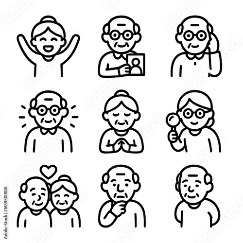 Age Emotion Icons. Outline icon set of age-related emotions: joy, nostalgia, wisdom, energy, patience, curiosity, love, reflection
