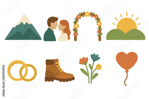 Mountain Elopement Icons. Flat vector mini-illustrations mountain elopement in colors children's illustrations: mountain peak,