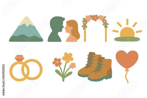 Mountain Elopement Icons. Flat vector mini-illustrations mountain elopement in colors children's illustrations: mountain peak,