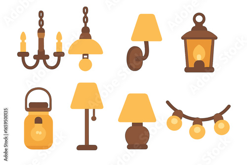 Charming Farmhouse Lights. Flat vector mini-illustrations Farmhouse lighting ideas in colors children's