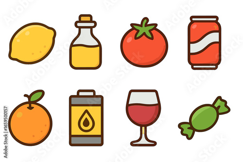 Acidic Substances Icons. Flat vector mini-illustrations acidic substances in colors children's illustrations: lemon, vinegar