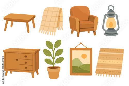Chic Rustic Interiors. Flat vector mini-illustrations rustic and chic interior in colors children's
