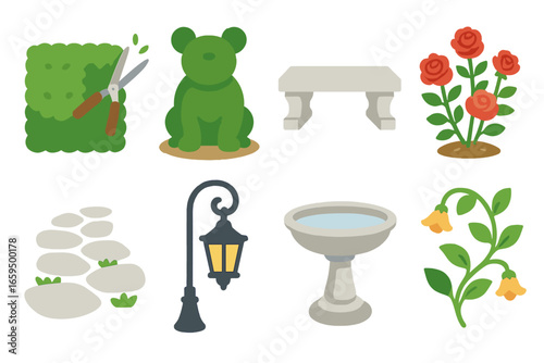 Garden Elements Icons. Flat vector mini-illustrations garden refinement in colors children's illustrations: trimmed hedge, topiary