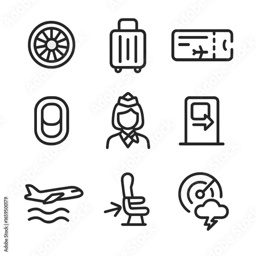 Air Travel Icons. Outline icon set of air travel elements: jet engine, luggage, boarding pass, airplane window, seatbelt, flight