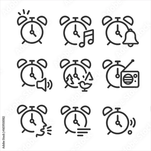 Alarm Sound Icons. Outline icon set of alarm clock sounds: buzzer, ringtone, music note, bell, chime, nature sounds, radio, voice