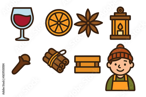 Mulled Wine Station. Flat vector mini-illustrations mulled wine station in colors children's illustrations: wine glass, orange