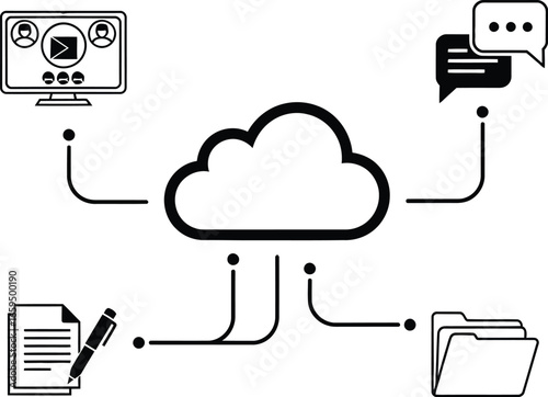 Cloud computing network with connected devices and communication icons, representing data storage and online collaboration