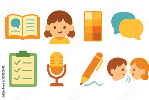 Child Icon Grid. Flat vector mini-illustrations Voice consistency in colors children's illustrations: