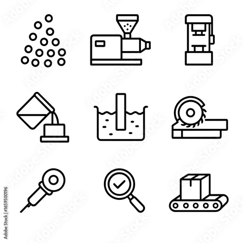 Acrylic Manufacturing Icons. Outline icon set of acrylic manufacturing: polymer pellets, extrusion machine, molding press, casting