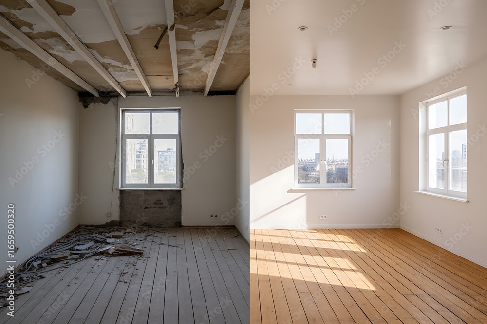 Obraz premium Before and after renovation of an empty room with windows and wooden flooring