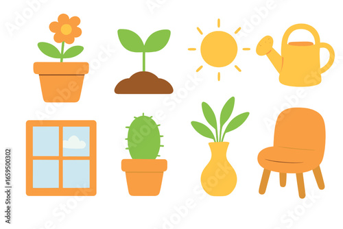 Child's Botanical Icons. Flat vector mini-illustrations greenery and mood improvement in colors children's