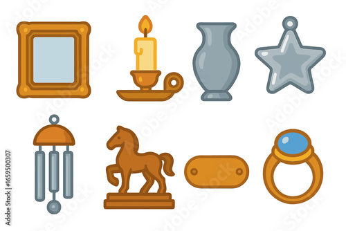 Alloy Decor Miniatures. Flat vector mini-illustrations alloy decorations in colors children's illustrations: alloy picture frame,