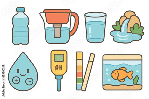 Alkaline Water Icons. Flat vector mini-illustrations alkaline water concepts in colors children's illustrations: water bottle,